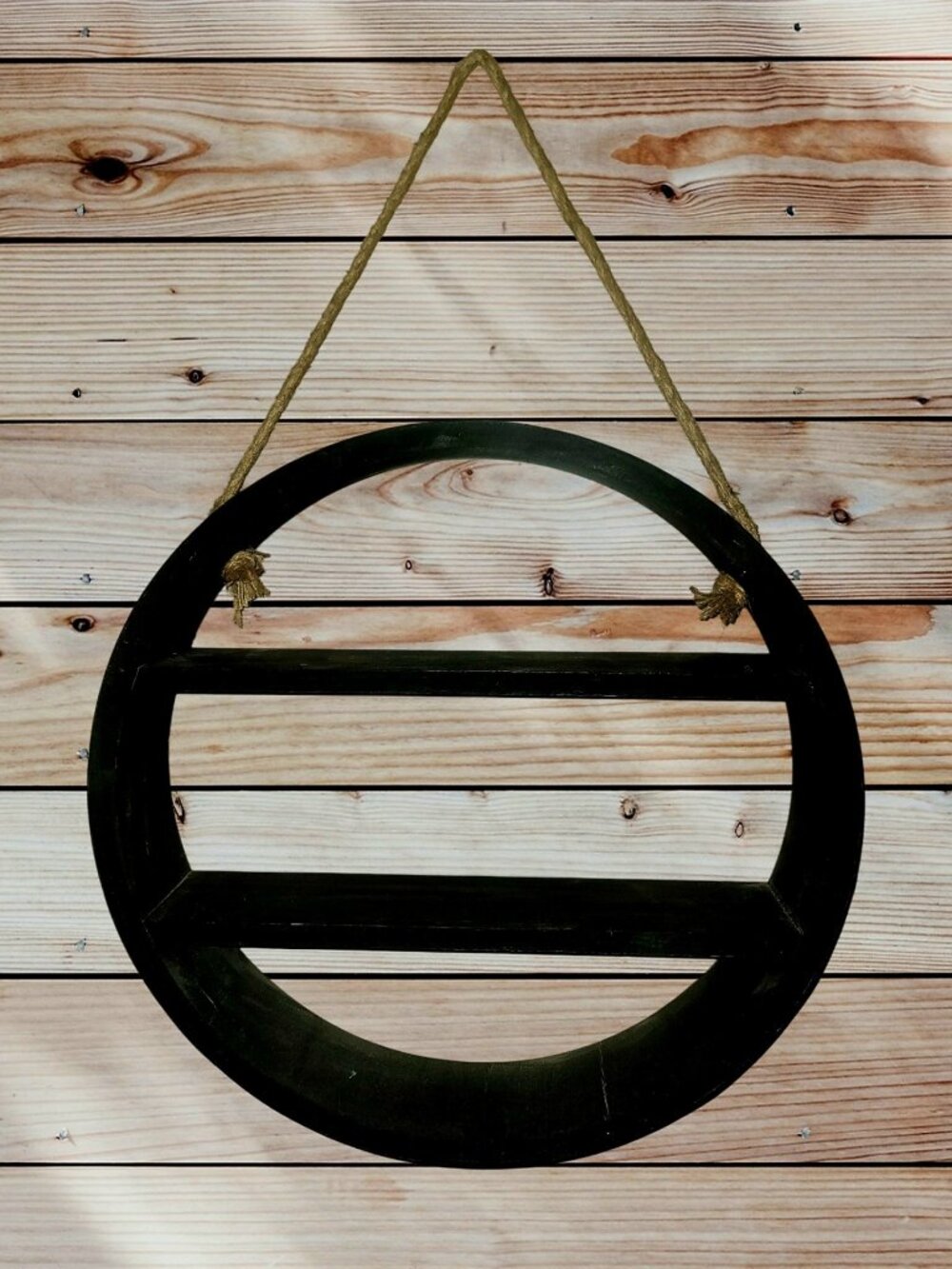 Natural Wood Round Hanging Wall Shelf - Decorative Display Decor - 2 Shelf